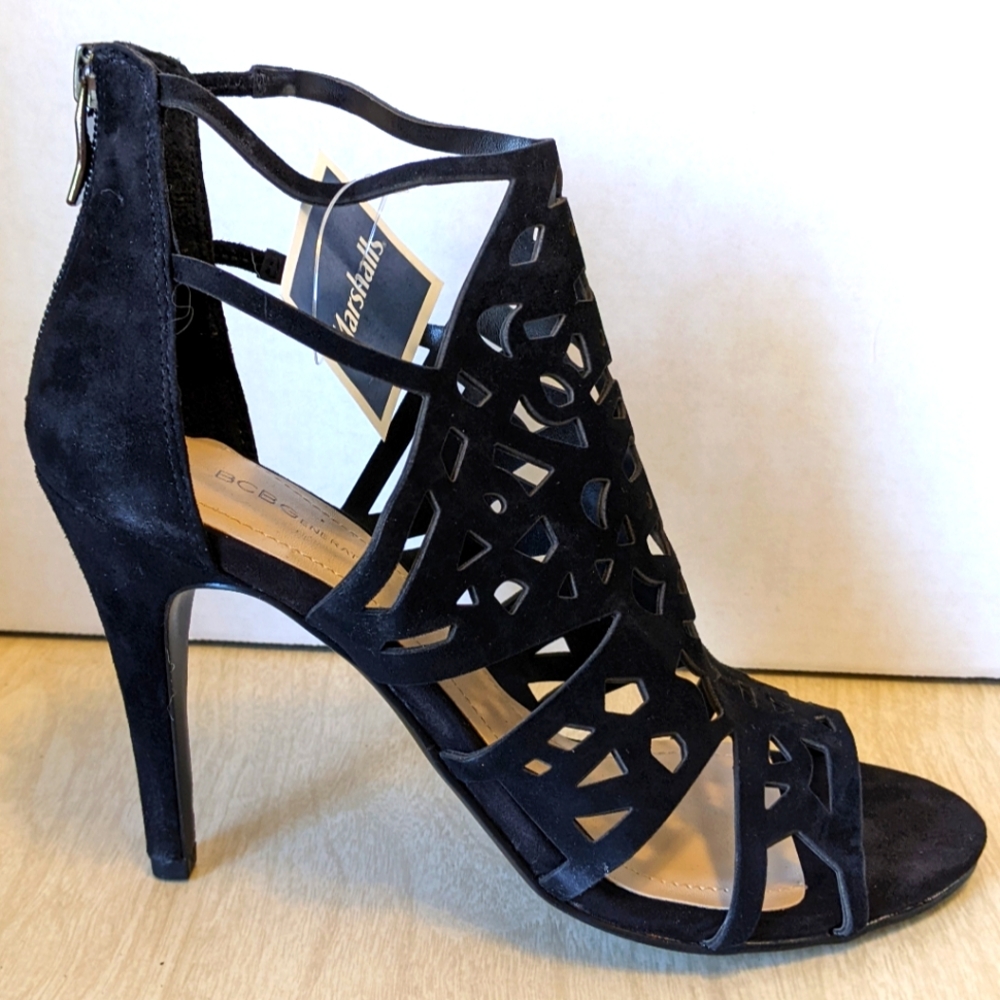 BCBGeneration Black Suede Stiletto Heels with Intricate Cut-Out Design 8.5